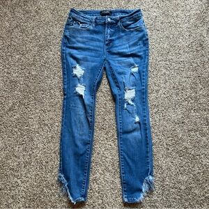 Judy Blue Skinny Fit Jeans Size 7/28 Distressed Blue Denim Raw Hem Medium Wash